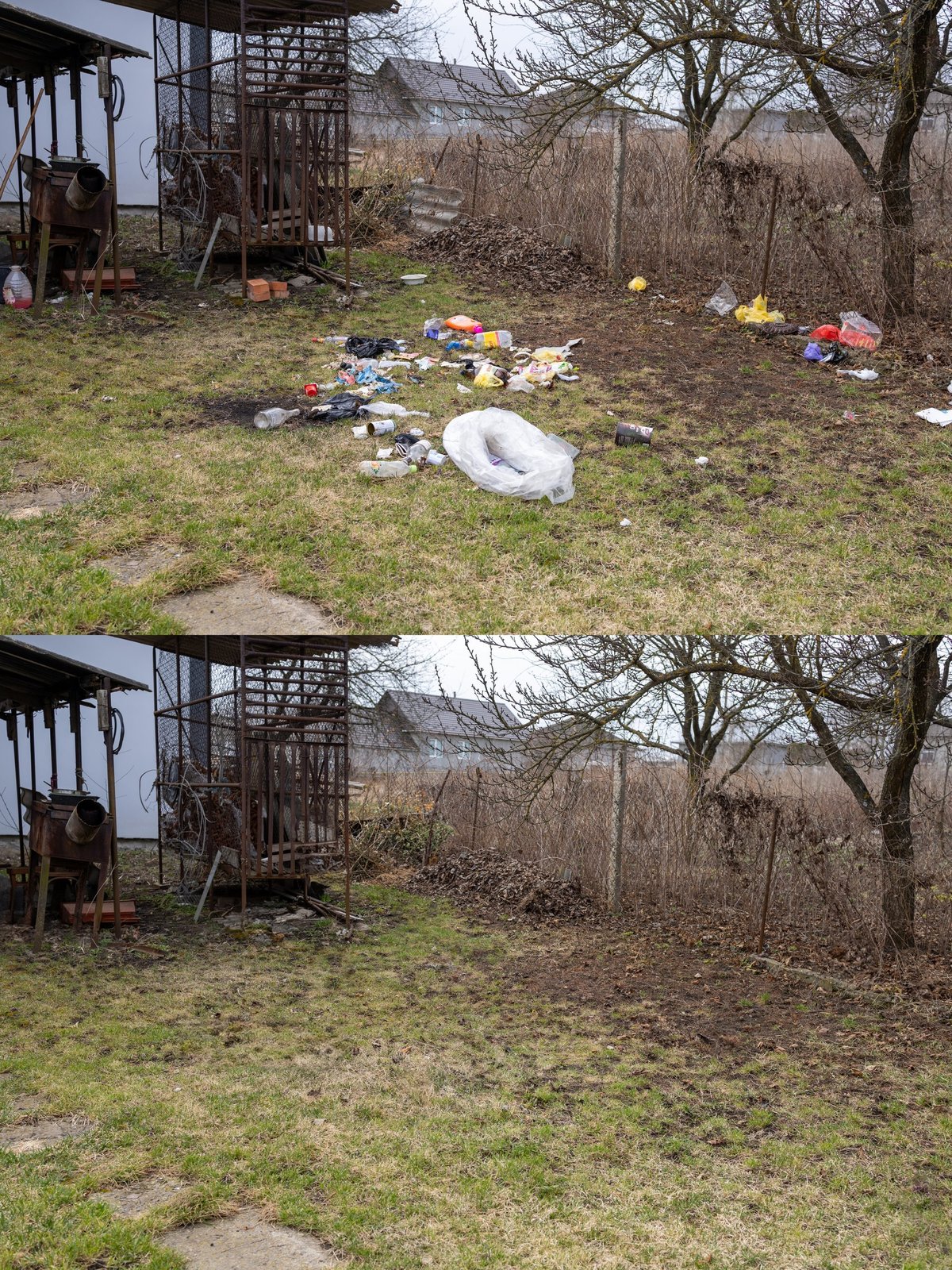 A property before and after a clean-up, from overgrown and cluttered to clear and fresh